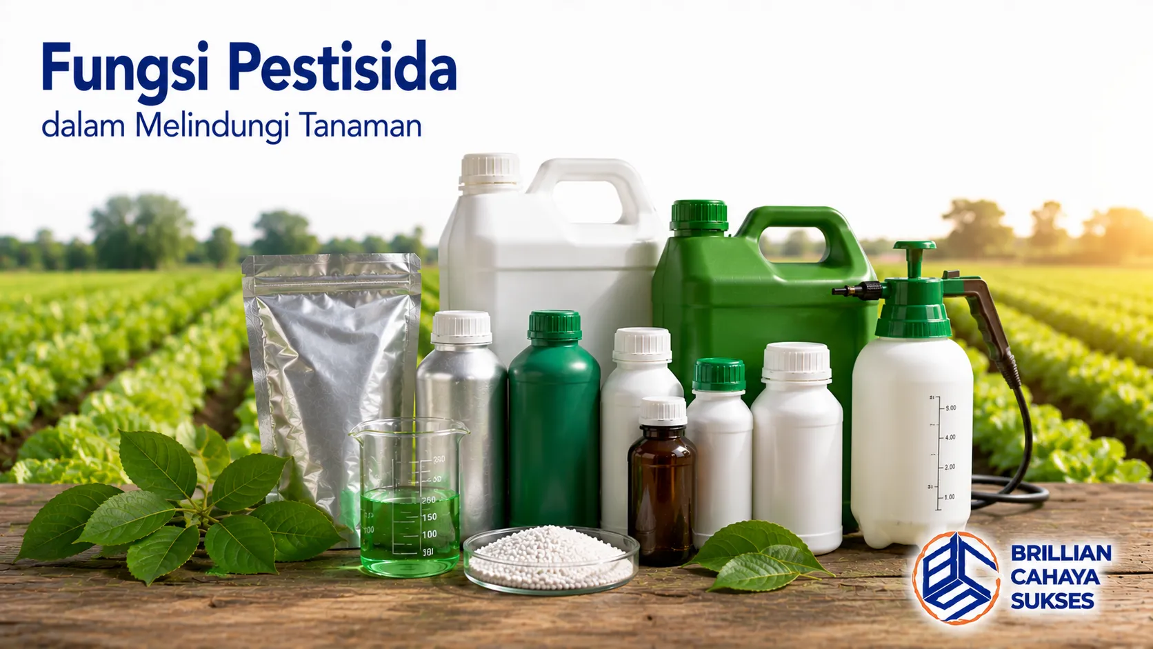 Berbagai produk pestisida ditampilkan sebagai ilustrasi perlindungan tanaman dari hama, penyakit, dan gulma dalam kegiatan budidaya pertanian.
