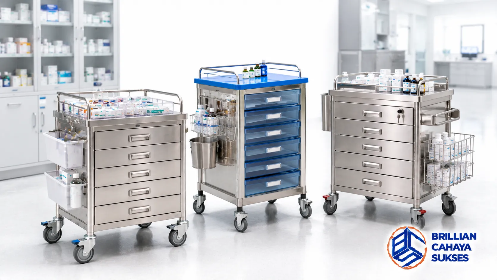 Rak troli penyimpanan obat berbahan stainless steel dengan beberapa konfigurasi laci untuk mendukung operasional fasilitas kesehatan.