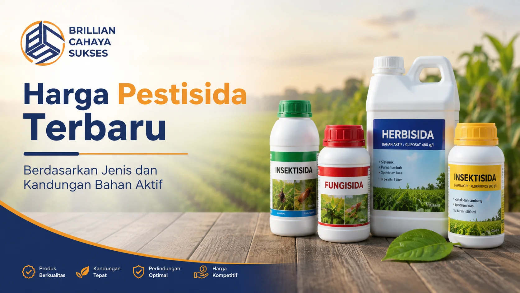 Ilustrasi Gambar Harga Pestisida terbaru berdasarkan jenis dan kandungan bahan aktif dari Brillian Cahaya Sukses untuk kebutuhan pertanian.