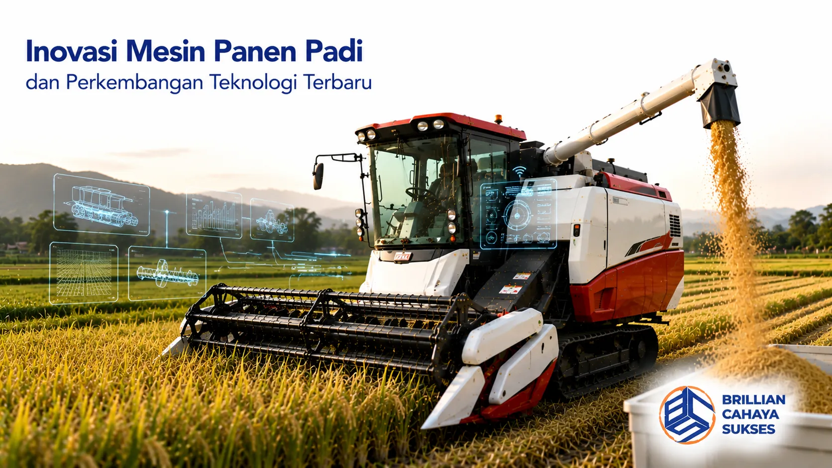 Combine harvester modern dengan teknologi terbaru beroperasi di lahan padi untuk meningkatkan efisiensi panen dan menjaga kualitas hasil gabah.
