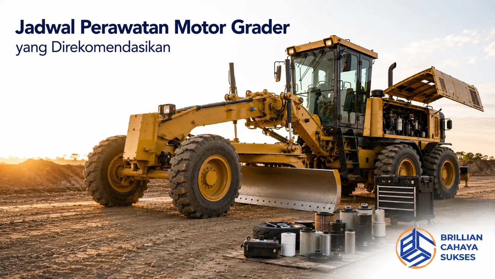 Motor grader menjalani perawatan berkala berdasarkan jadwal maintenance untuk menjaga performa alat dan mencegah kerusakan selama operasional.
