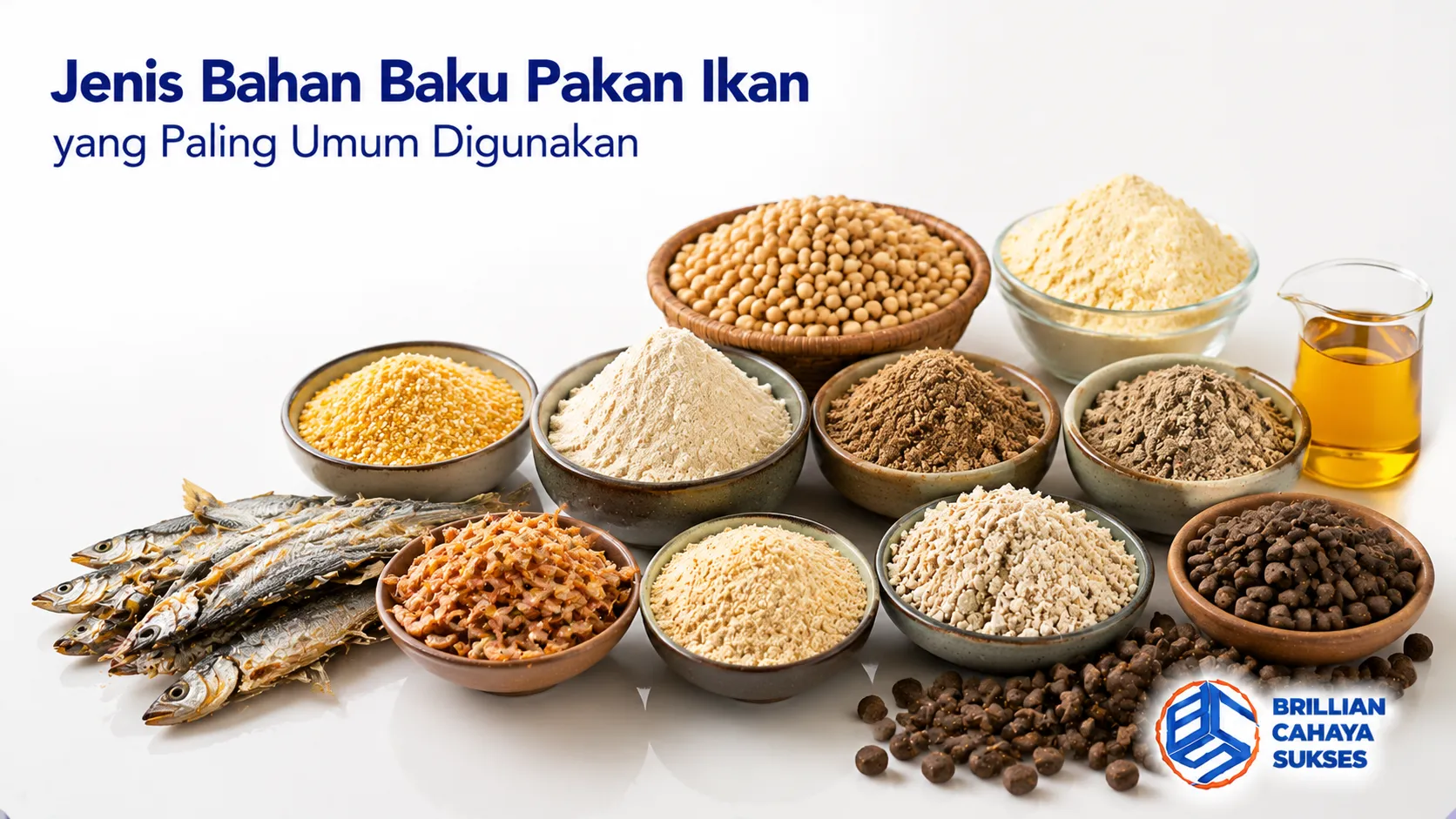 Berbagai bahan baku pakan ikan seperti tepung ikan, kedelai, biji-bijian, dan pelet untuk mendukung kebutuhan nutrisi budidaya ikan.