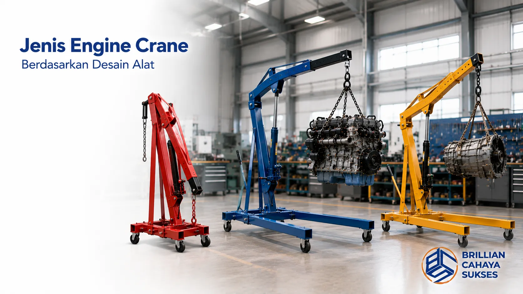 Jenis engine crane berdasarkan desain alat untuk mendukung pengangkatan beban di industri.