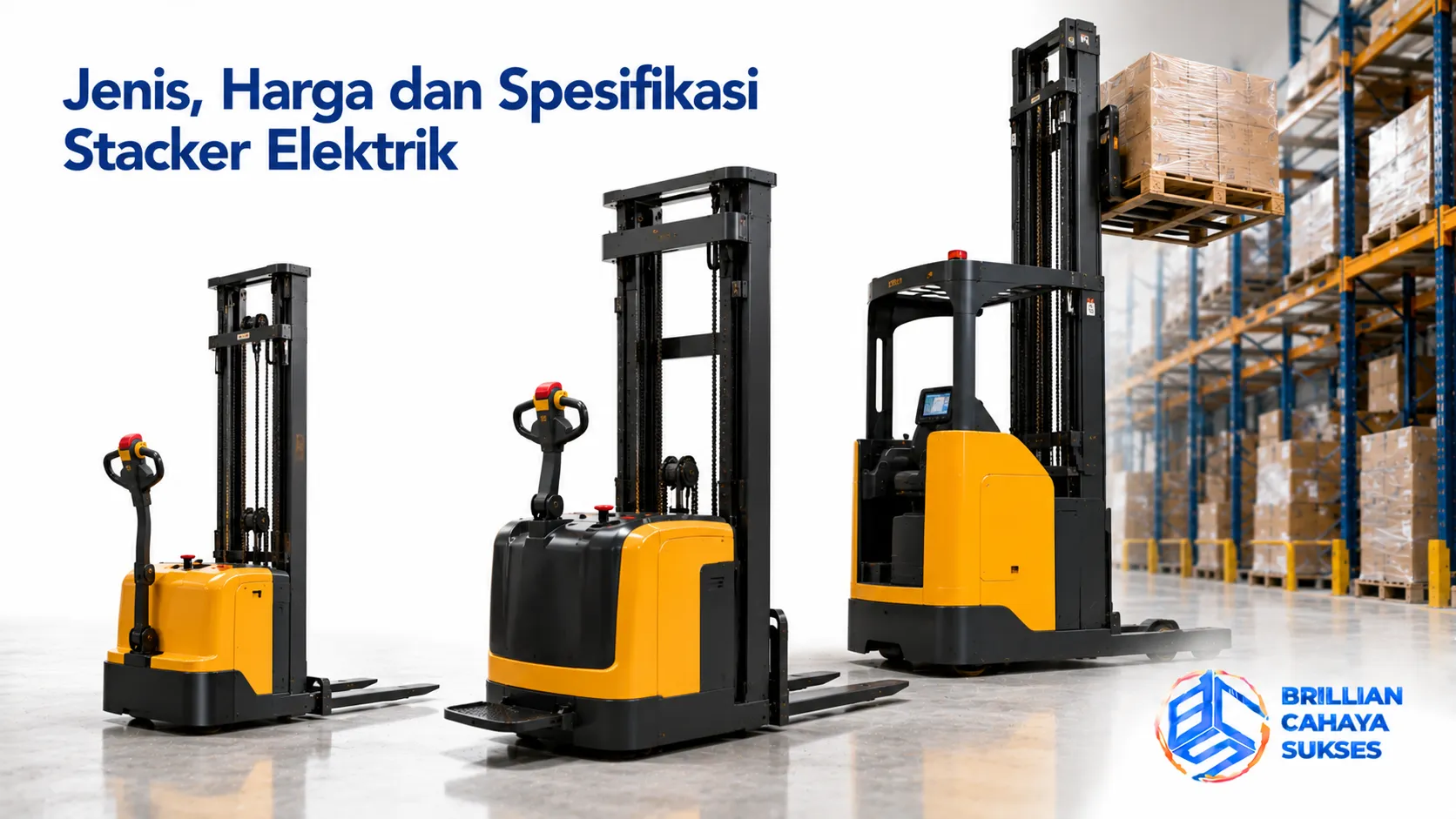 Berbagai jenis stacker elektrik dengan spesifikasi dan kapasitas berbeda untuk kebutuhan operasional gudang modern.