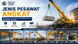 Jenis pesawat angkat seperti crane, hoist, forklift, dan gantry crane untuk kegiatan konstruksi dan industri.