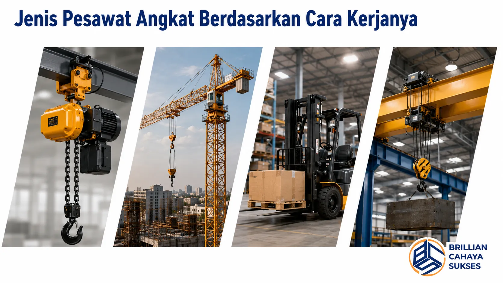 Beragam jenis pesawat angkat seperti hoist, tower crane, forklift, dan overhead crane ditampilkan secara realistis sesuai prinsip cara kerja masing-masing dalam proses pengangkatan material.