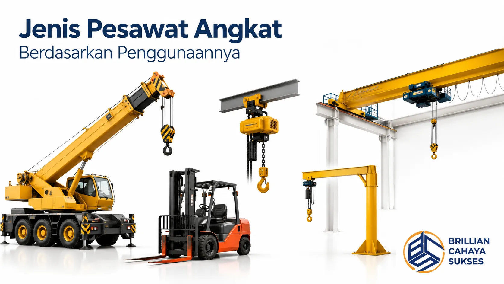 Berbagai jenis pesawat angkat seperti forklift, hoist, overhead crane, dan truck crane ditampilkan secara realistis sebagai ilustrasi penggunaan alat angkat di sektor konstruksi dan industri.