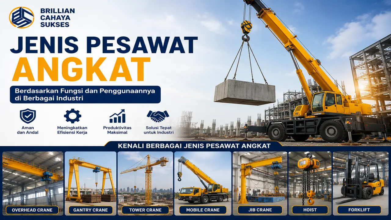 Jenis pesawat angkat seperti crane, hoist, forklift, dan gantry crane untuk kegiatan konstruksi dan industri.