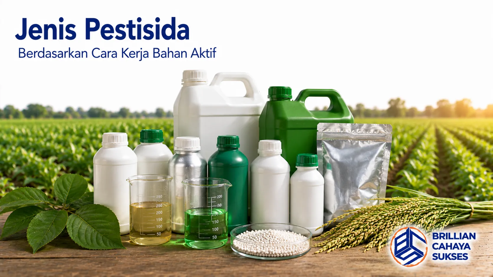 Berbagai produk pestisida ditampilkan sebagai ilustrasi perbedaan cara kerja bahan aktif untuk pengendalian hama dan penyakit tanaman.