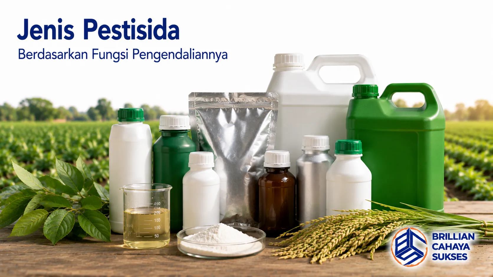 Berbagai jenis pestisida ditampilkan sebagai ilustrasi produk pengendali hama, penyakit, dan gulma untuk kebutuhan pertanian.