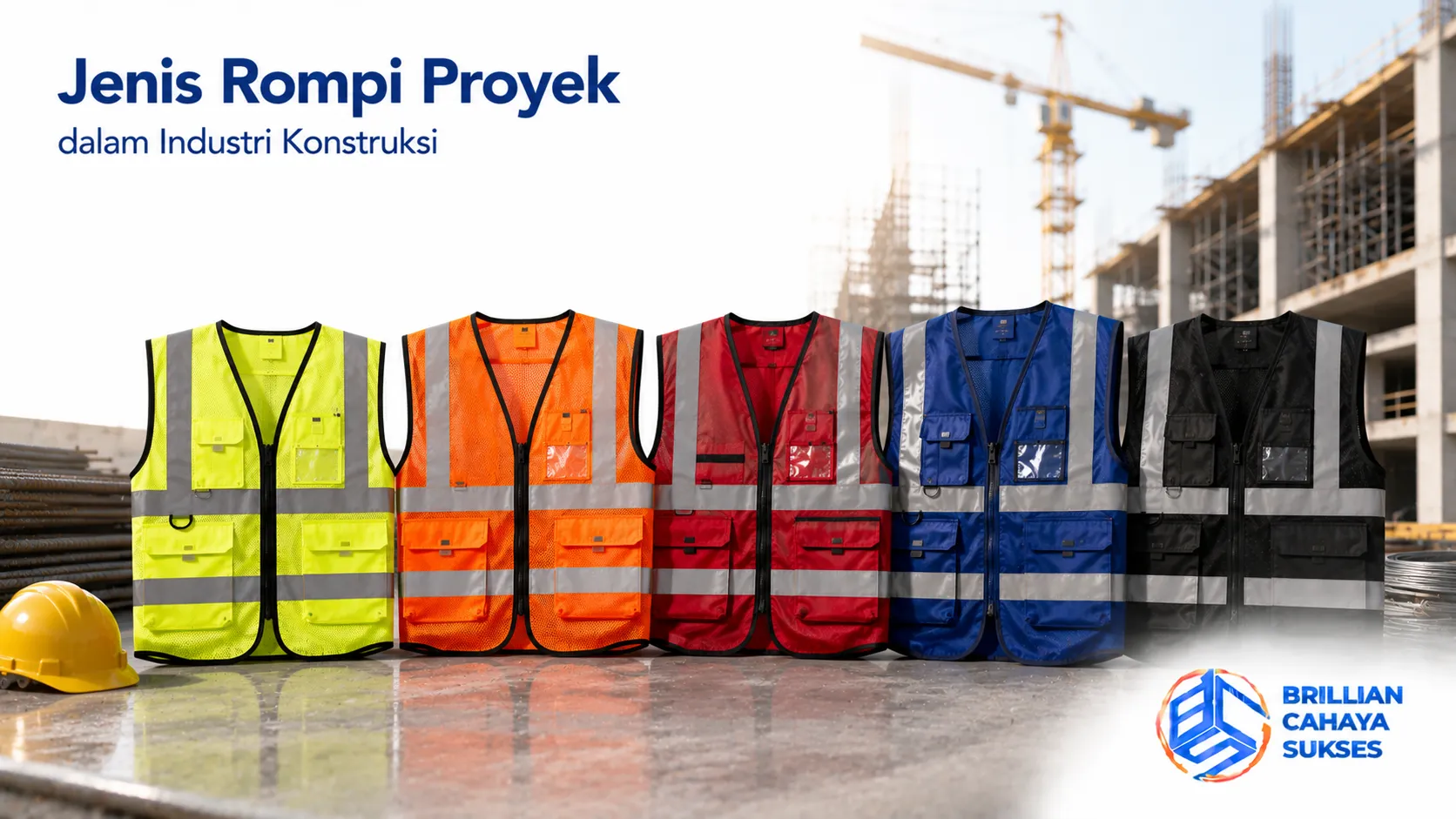 Berbagai jenis rompi proyek untuk mendukung keselamatan dan visibilitas pekerja di lingkungan konstruksi.