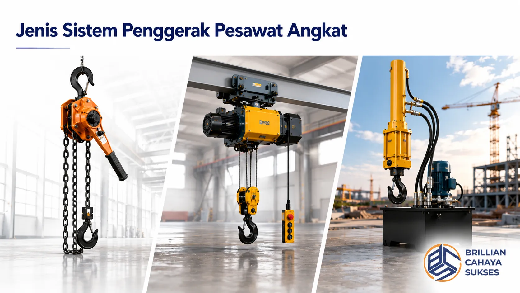 Beragam pesawat angkat dengan sistem penggerak manual, elektrik, dan hidrolik untuk mendukung kebutuhan pengangkatan di berbagai sektor industri.