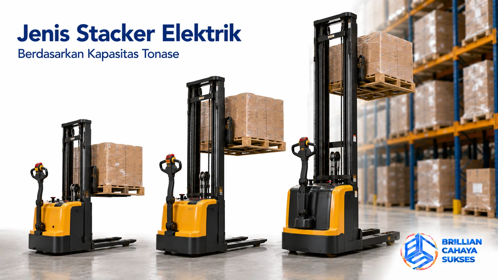 Jenis stacker elektrik berdasarkan kapasitas tonase untuk kebutuhan operasional gudang modern.
