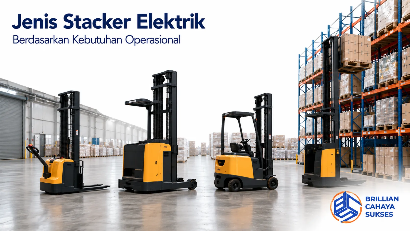 Berbagai jenis stacker elektrik digunakan untuk mendukung proses material handling di gudang sesuai kebutuhan operasional.