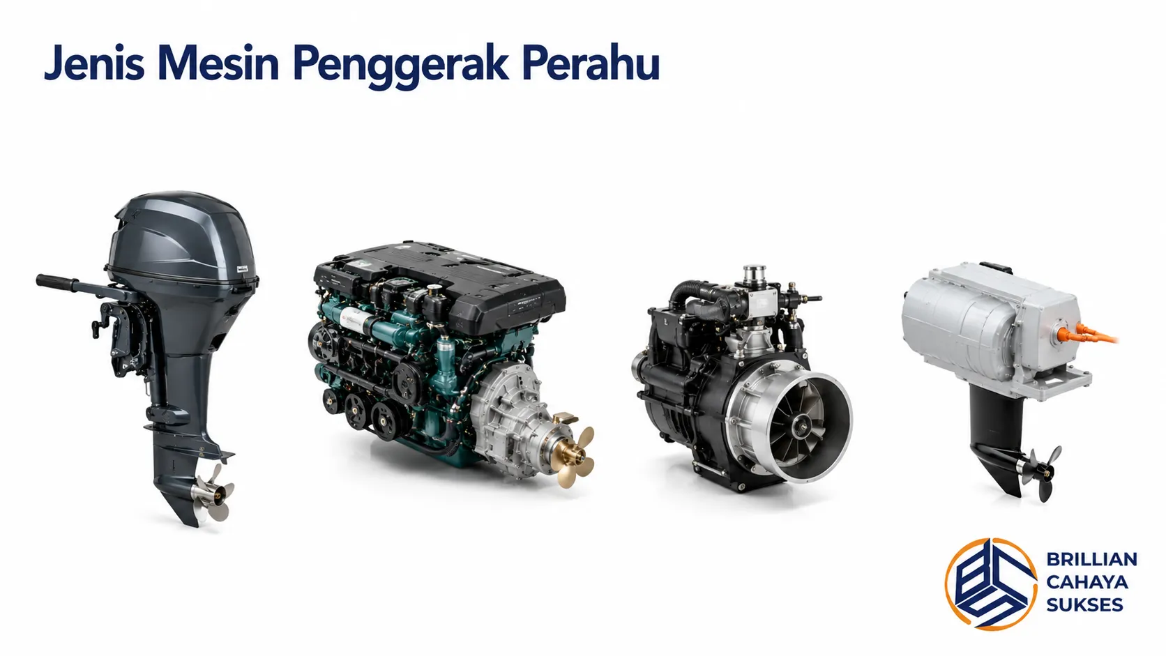 Berbagai jenis mesin penggerak perahu, meliputi mesin tempel, mesin dalam, mesin jet, dan mesin listrik, ditampilkan secara realistis dengan latar belakang putih.