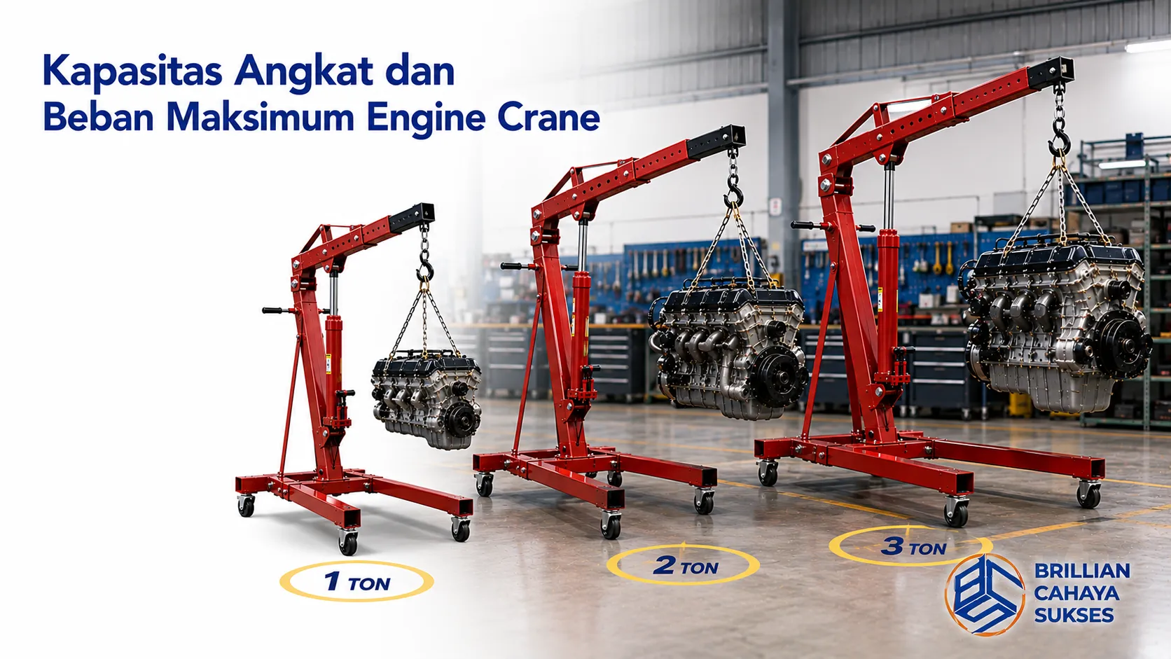 Kapasitas angkat engine crane untuk mengangkat mesin berat secara aman dan stabil.