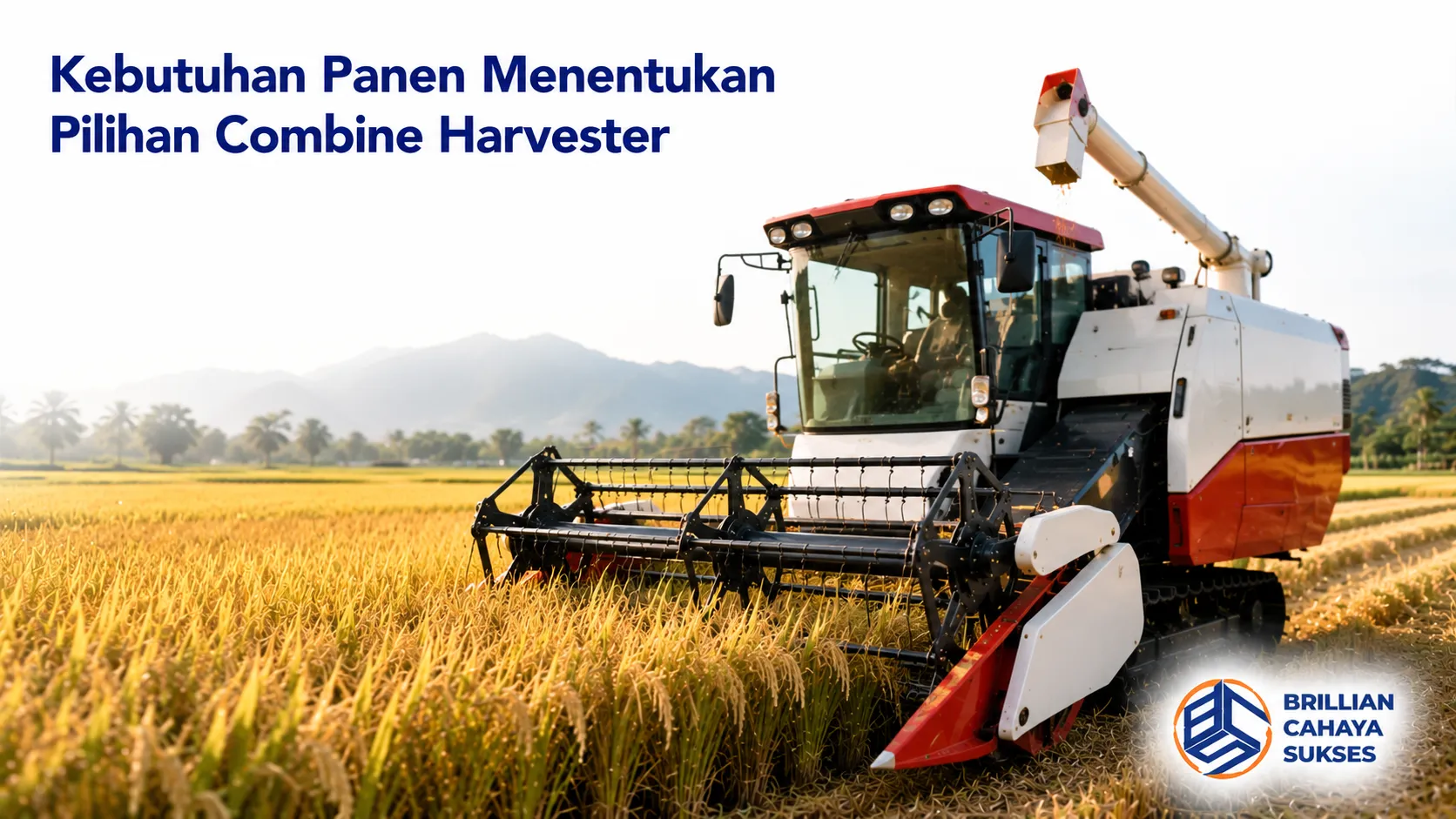 Combine harvester beroperasi di lahan sawah untuk mendukung proses panen padi yang efisien sesuai kebutuhan area pertanian.
