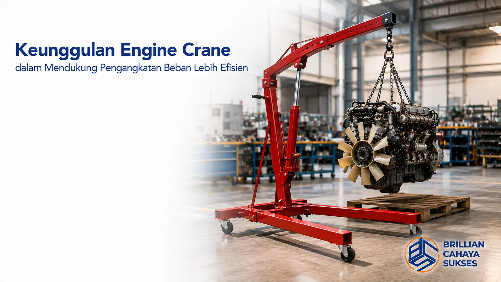 Engine crane membantu proses pengangkatan beban berat secara aman dan efisien di lingkungan industri.