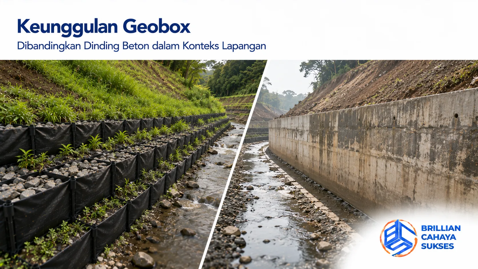 Geobox sebagai solusi pengendalian erosi dibandingkan dinding beton pada proyek infrastruktur.