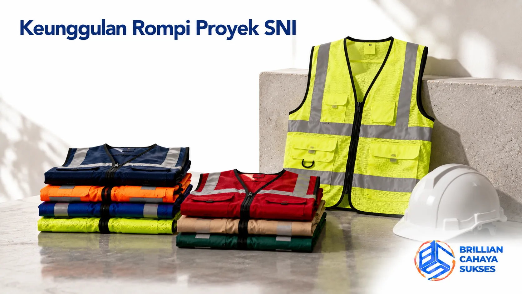 Rompi Proyek SNI berkualitas dengan material reflektif untuk meningkatkan keselamatan kerja di area proyek.