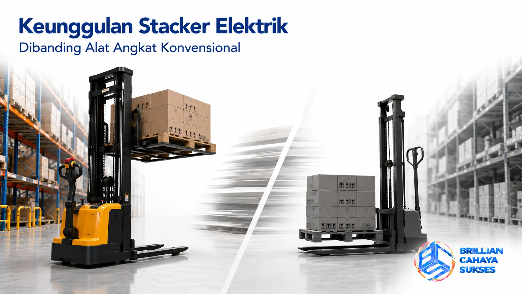 Perbandingan stacker elektrik dan alat angkat konvensional untuk efisiensi operasional gudang.