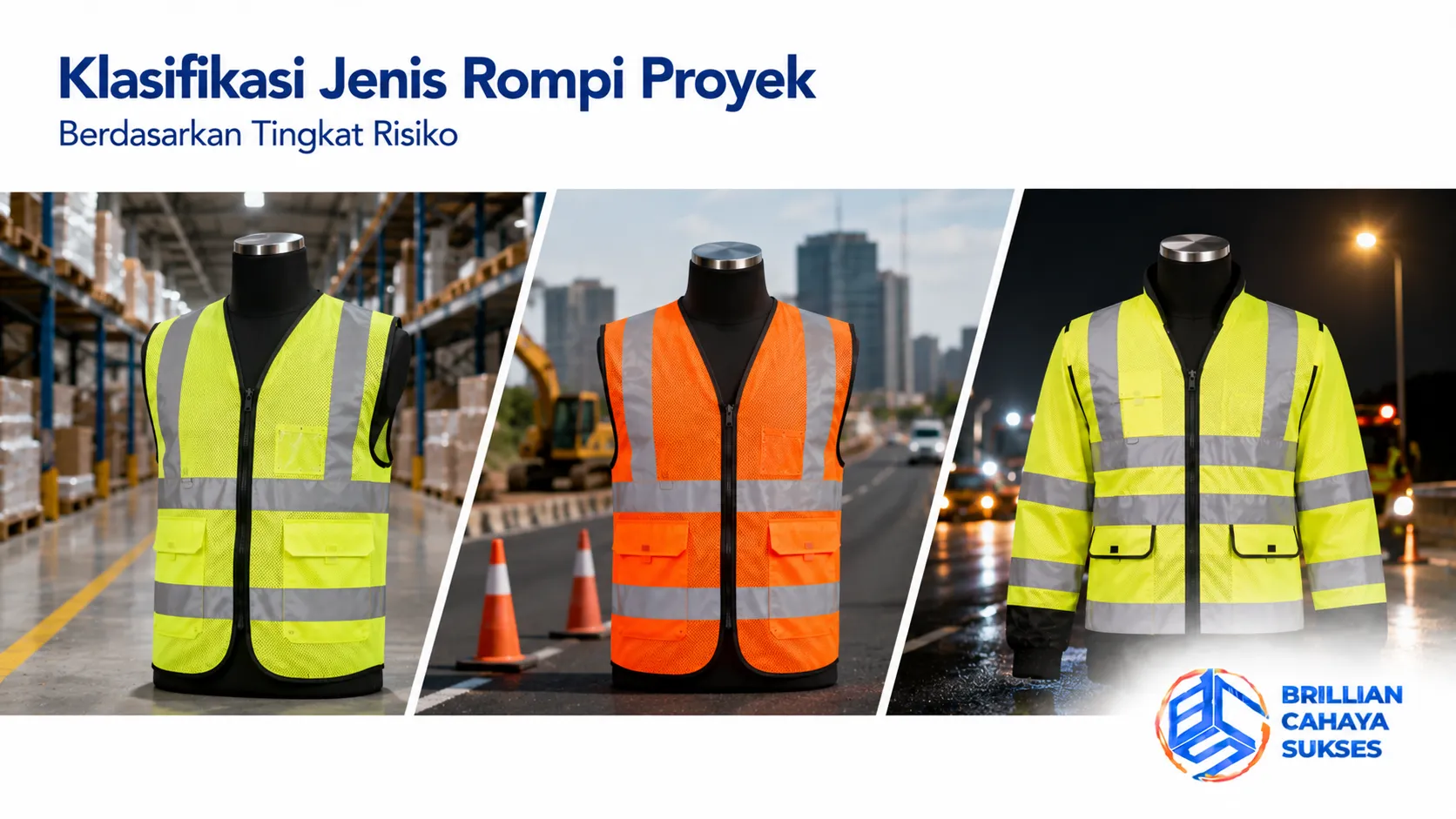 Klasifikasi jenis rompi proyek berdasarkan tingkat risiko untuk mendukung keselamatan kerja di area konstruksi.