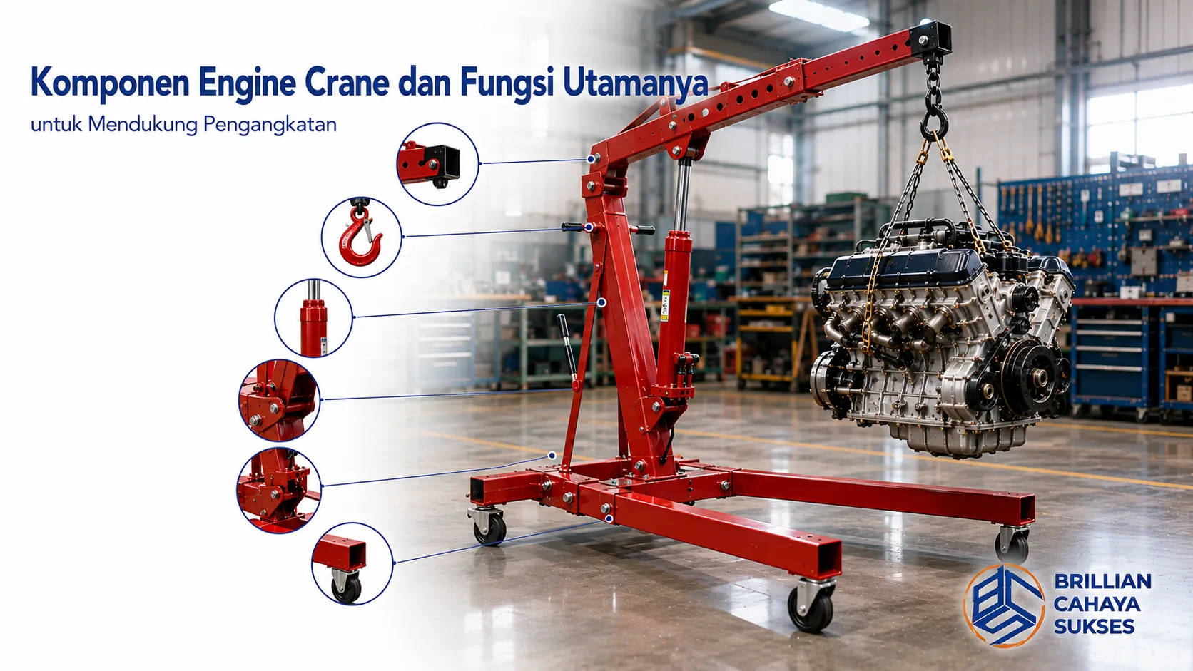 Komponen engine crane dan fungsi utamanya untuk mendukung pengangkatan mesin secara aman.