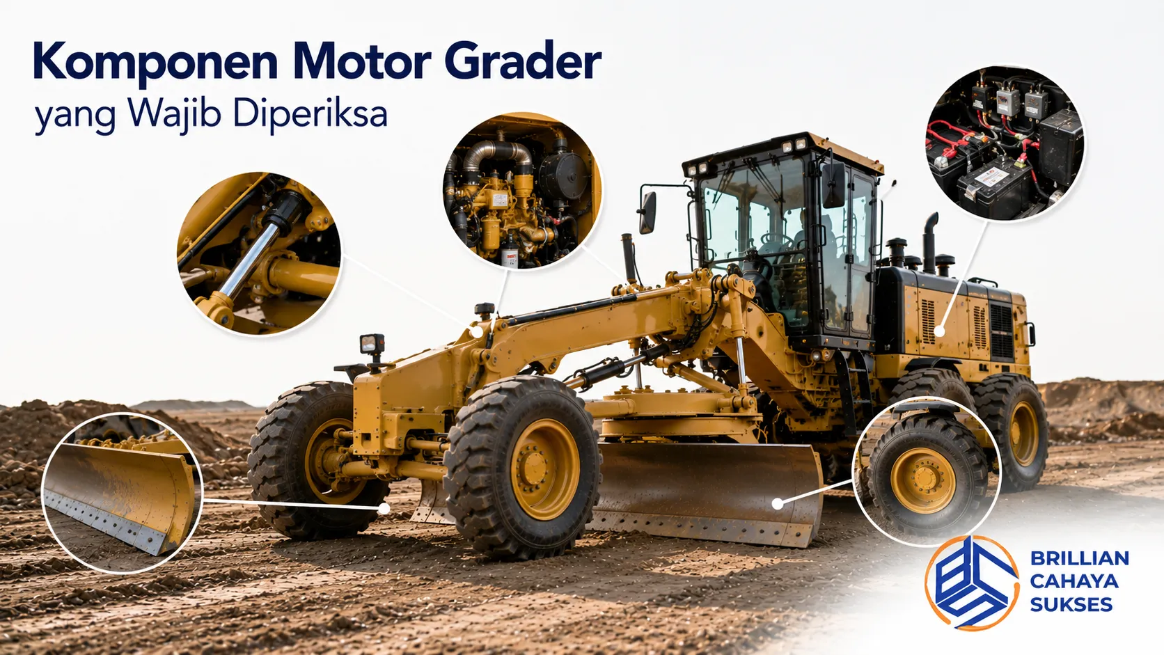 Komponen utama motor grader seperti mesin, sistem hidrolik, moldboard, cutting edge, dan ban yang perlu diperiksa secara rutin sebelum operasional.