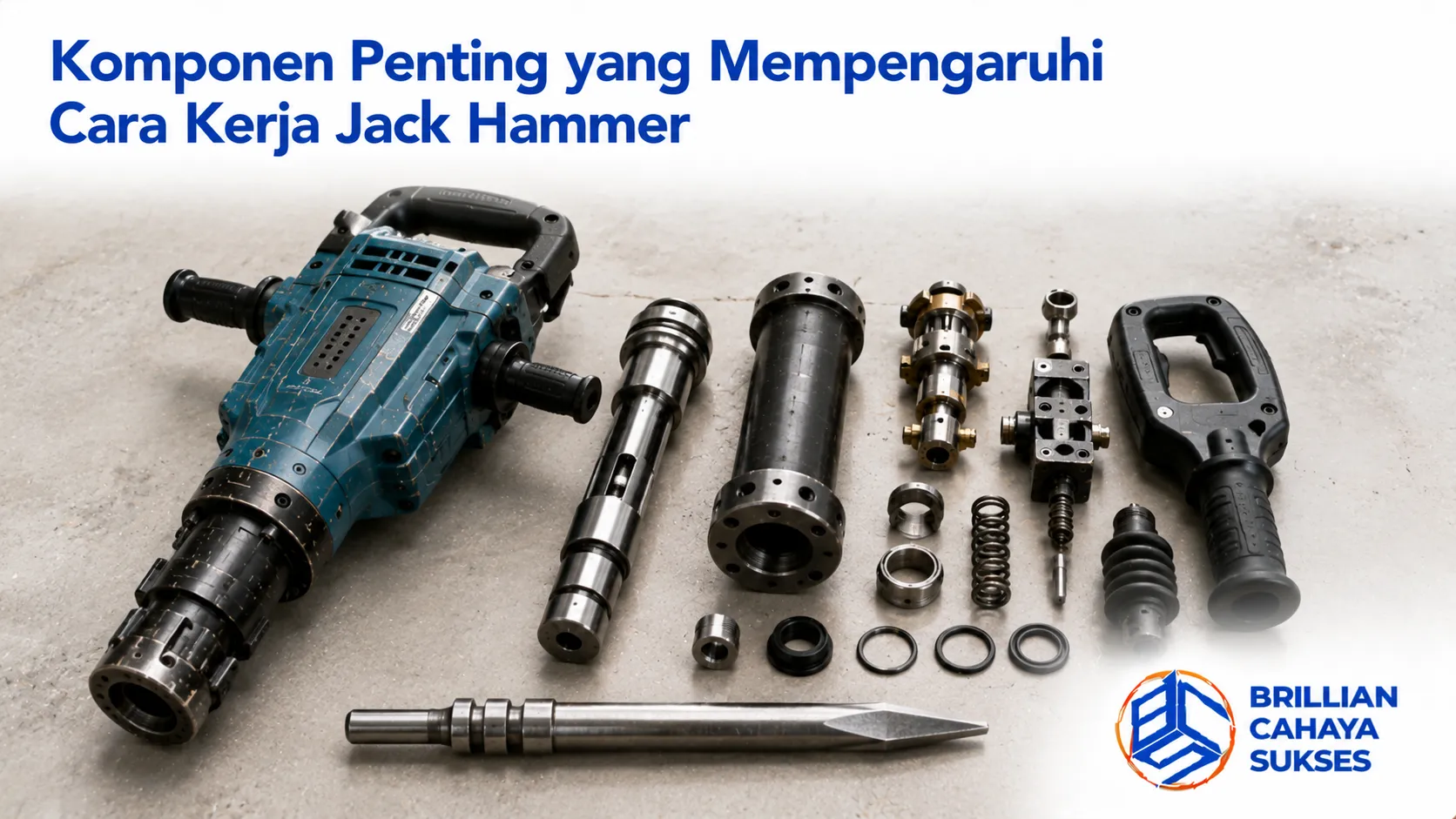 Komponen penting jack hammer yang mendukung kinerja optimal pada pekerjaan pembongkaran konstruksi.