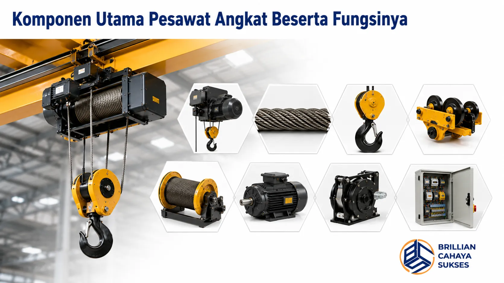 Komponen utama pesawat angkat seperti hoist, wire rope, hook, trolley, drum, motor penggerak, gearbox, dan panel kontrol ditampilkan secara realistis dalam satu sistem pengangkatan.