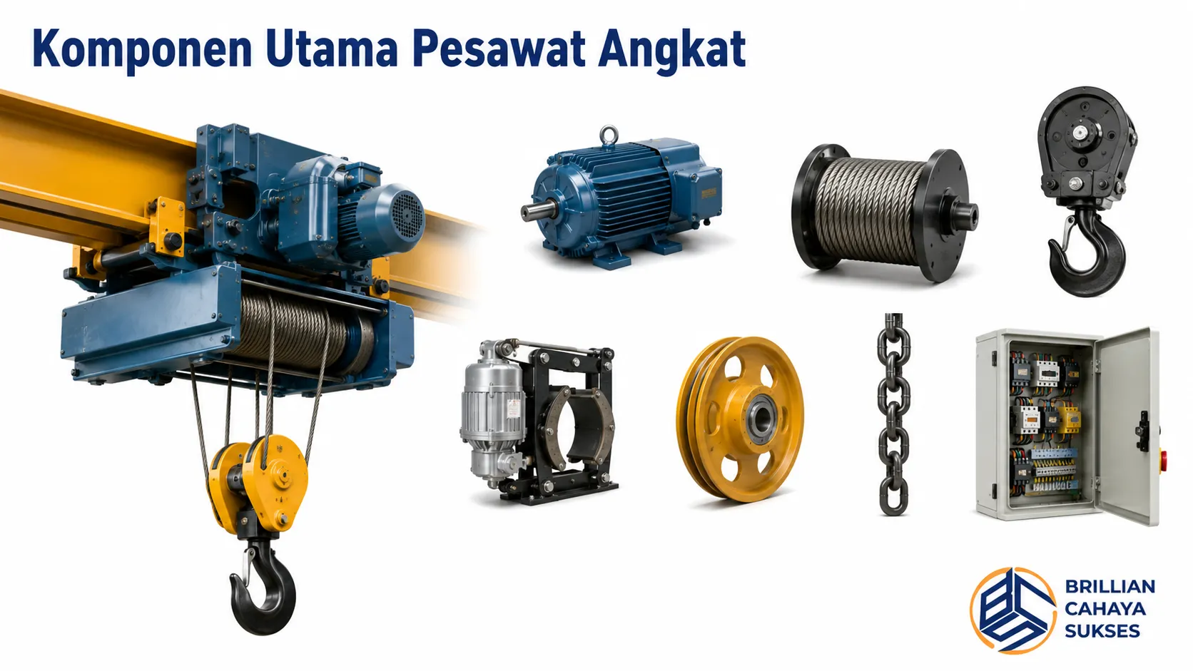 Komponen utama pesawat angkat seperti motor penggerak, wire rope, hook, pulley, drum, rantai, dan panel kontrol ditampilkan secara realistis untuk mendukung sistem pengangkatan material.