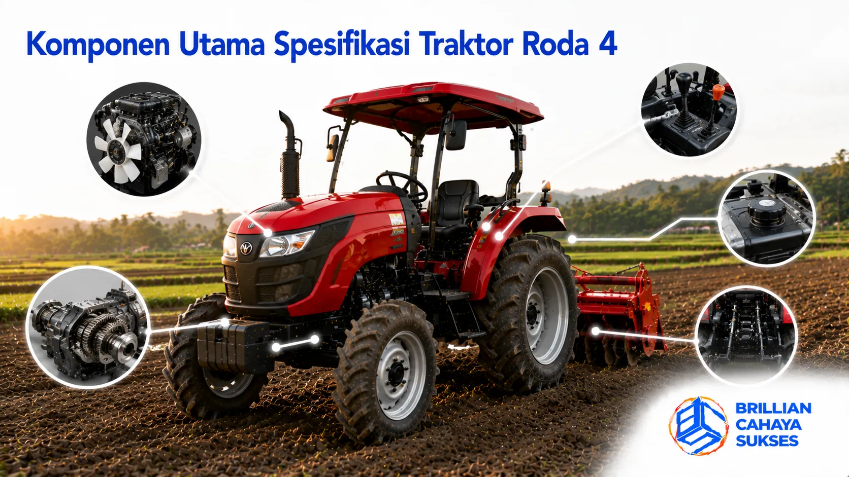 Traktor roda 4 modern menampilkan komponen utama yang mendukung performa dan efisiensi pengolahan lahan pertanian.