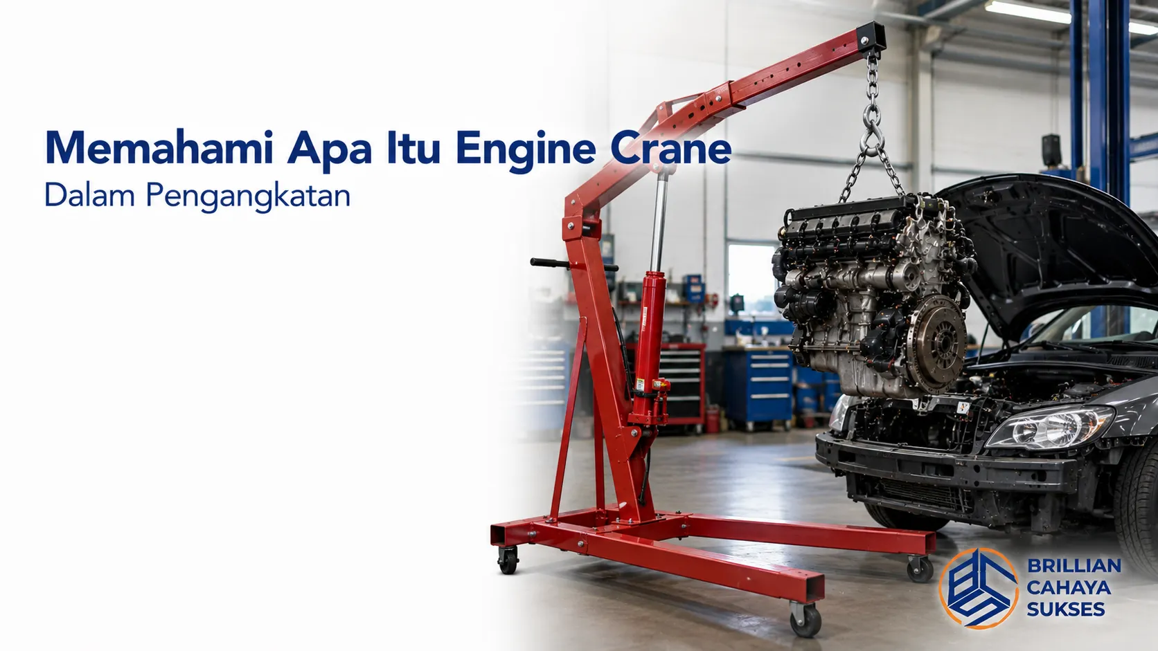 Engine crane hidrolik untuk mengangkat mesin secara aman dan efisien di lingkungan bengkel industri.