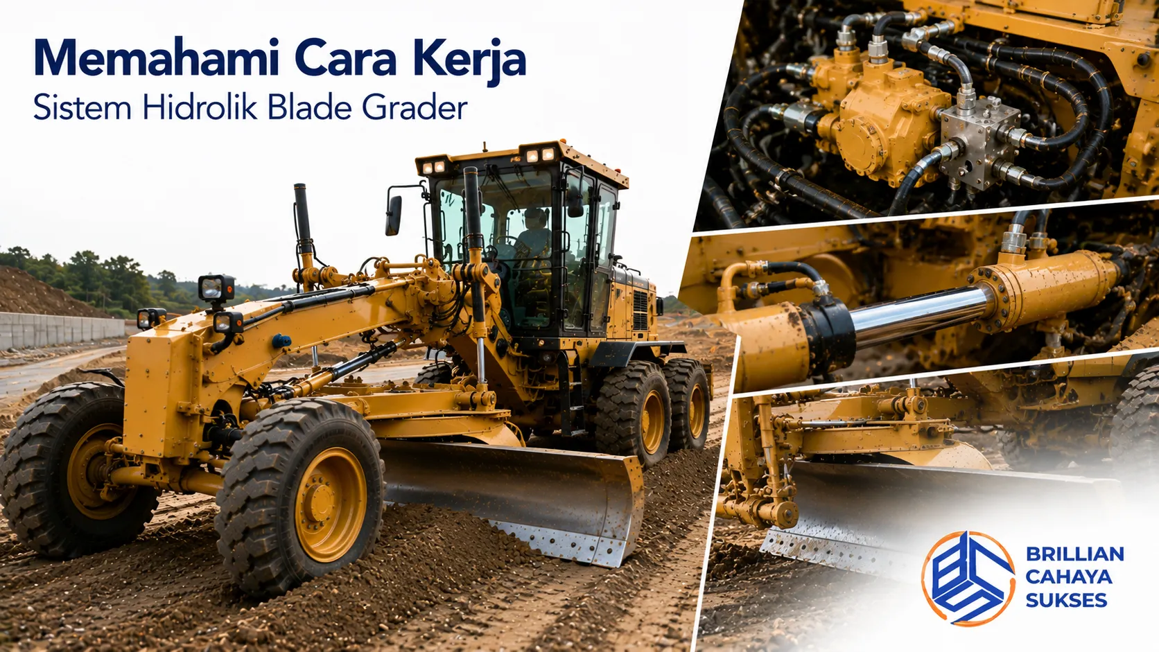 Sistem hidrolik blade pada motor grader mengatur pergerakan blade secara presisi untuk mendukung proses grading di proyek konstruksi.