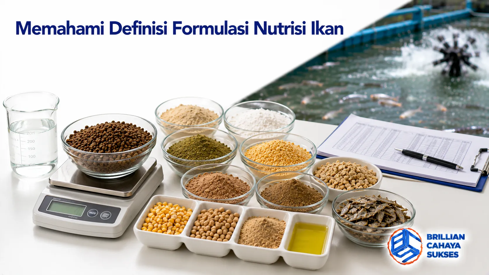 Berbagai bahan baku pakan ikan sebagai ilustrasi proses formulasi nutrisi untuk menghasilkan komposisi pakan yang seimbang.