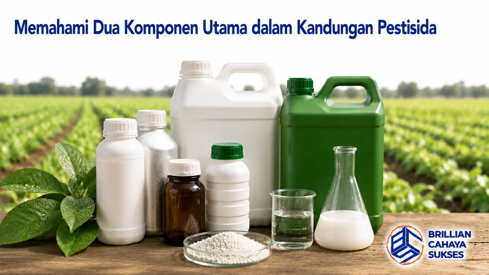 Berbagai produk pestisida ditampilkan sebagai ilustrasi bahan aktif dan bahan tambahan yang menjadi komponen utama dalam kandungan pestisida.