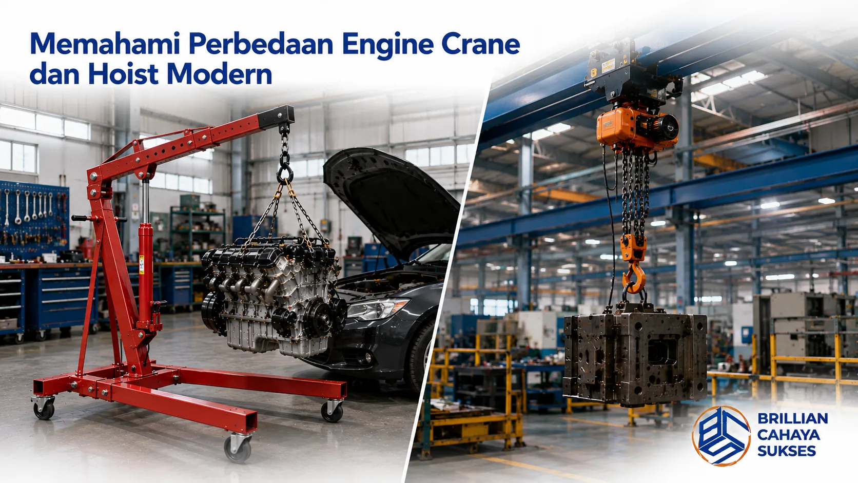 Perbandingan engine crane dan hoist modern untuk kebutuhan pengangkatan beban di industri.