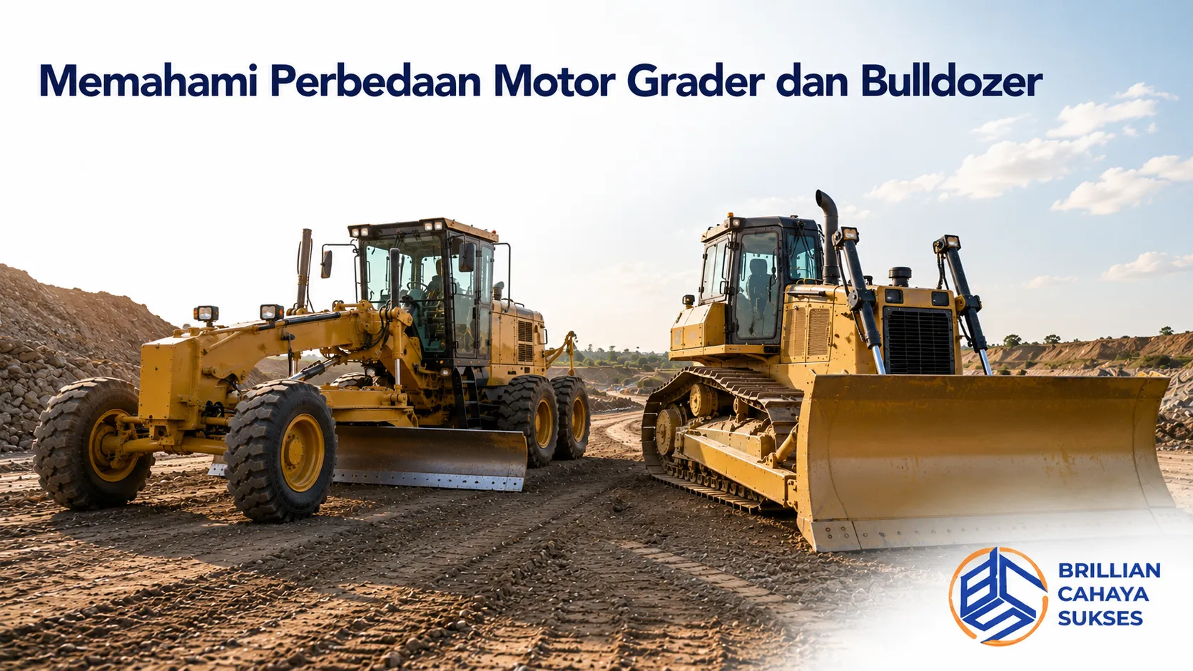 Motor grader dan bulldozer ditampilkan berdampingan untuk memperlihatkan perbedaan fungsi, desain blade, dan penggunaan pada proyek konstruksi.