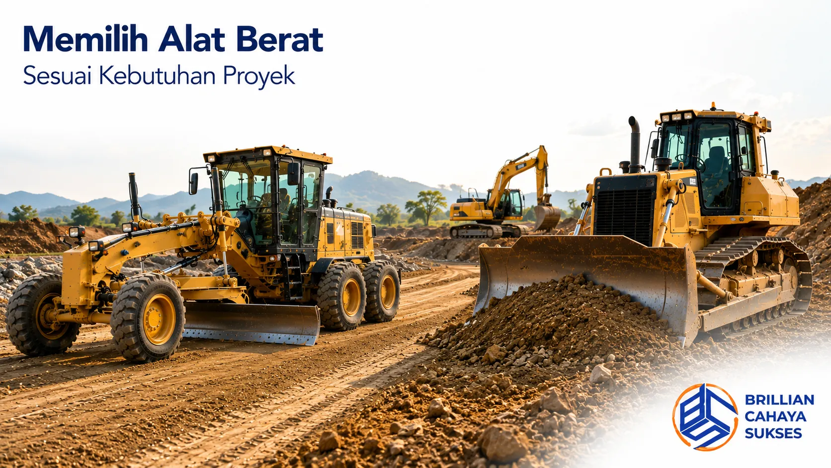 Motor grader dan bulldozer di area konstruksi sebagai ilustrasi pemilihan alat berat yang sesuai dengan kebutuhan dan tahapan proyek.