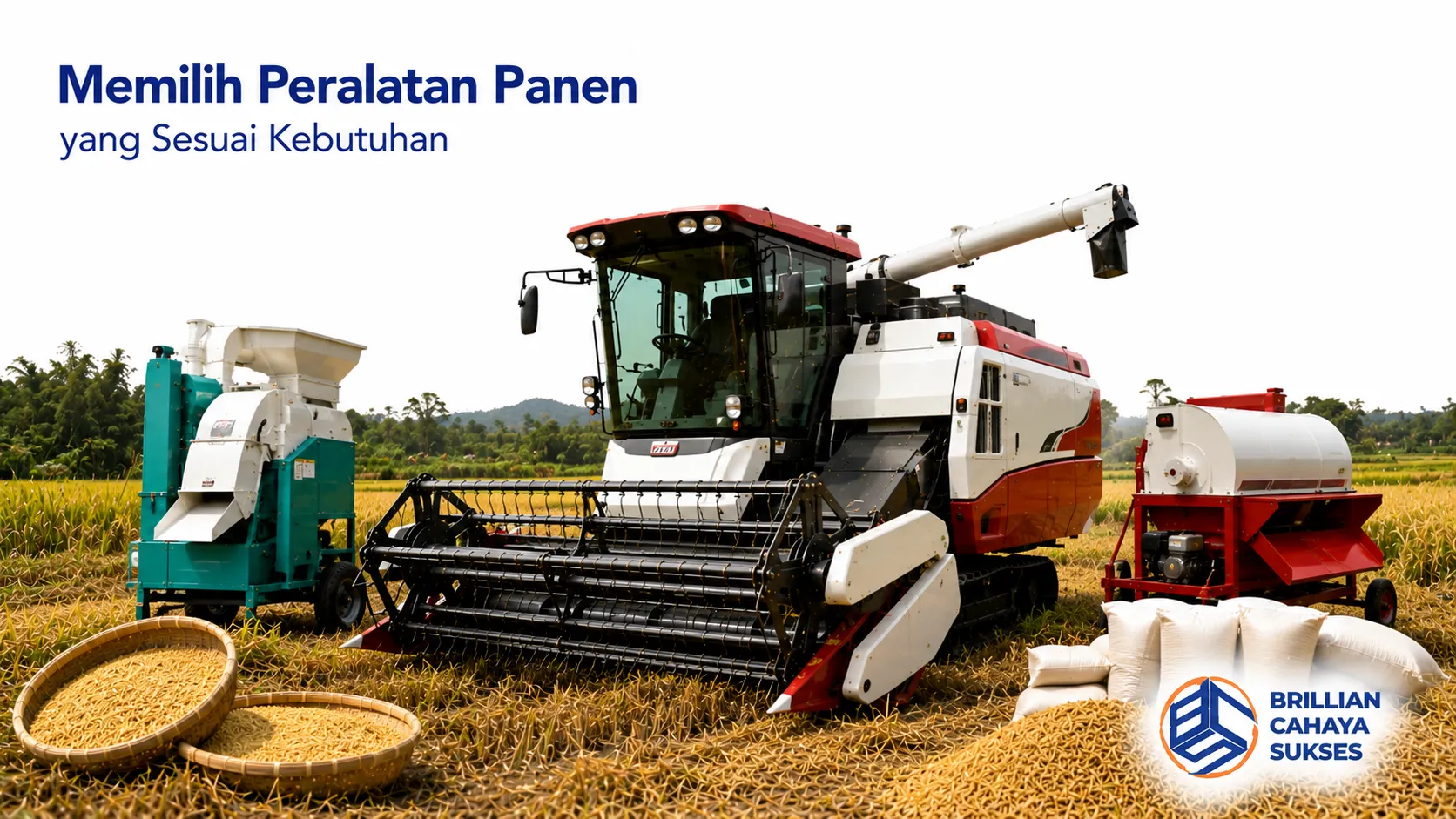 Combine harvester dan peralatan panen padi ditampilkan di area persawahan sebagai pilihan alat yang mendukung proses panen sesuai kebutuhan.