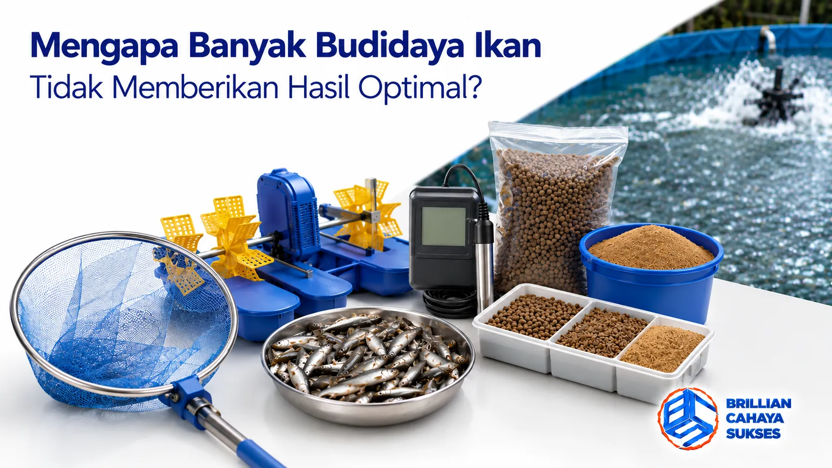 Peralatan budidaya ikan, pakan, dan media pemeliharaan sebagai ilustrasi faktor yang memengaruhi keberhasilan hasil budidaya ikan.