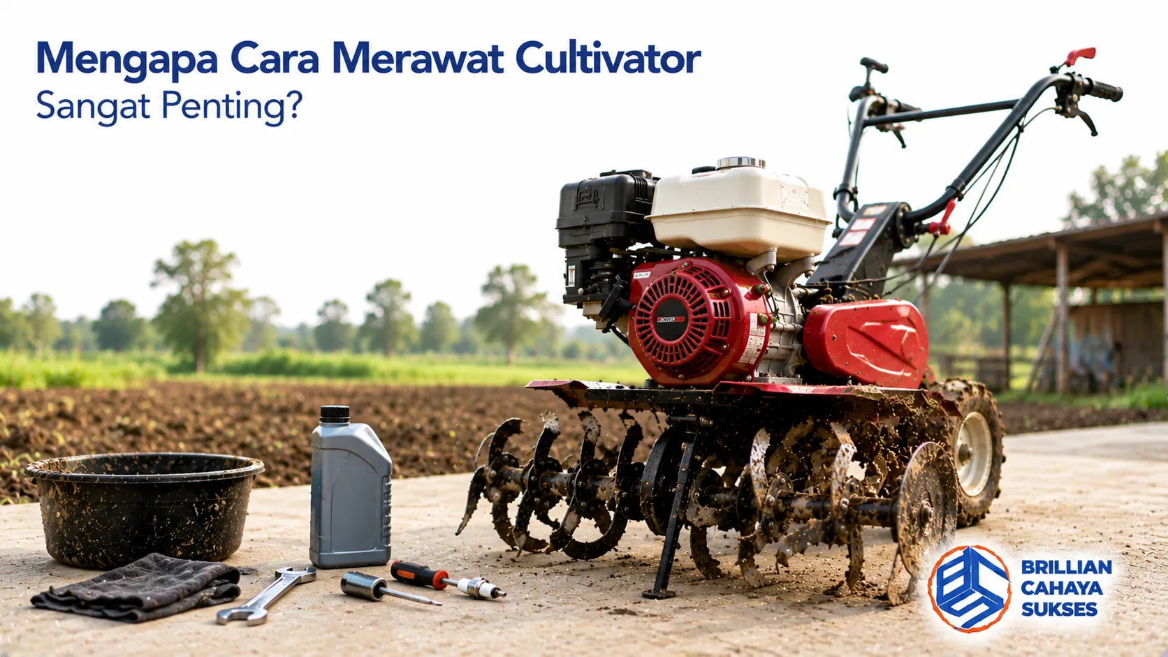 Cultivator di area pertanian sebagai ilustrasi pentingnya perawatan rutin untuk menjaga performa dan umur pakai mesin.