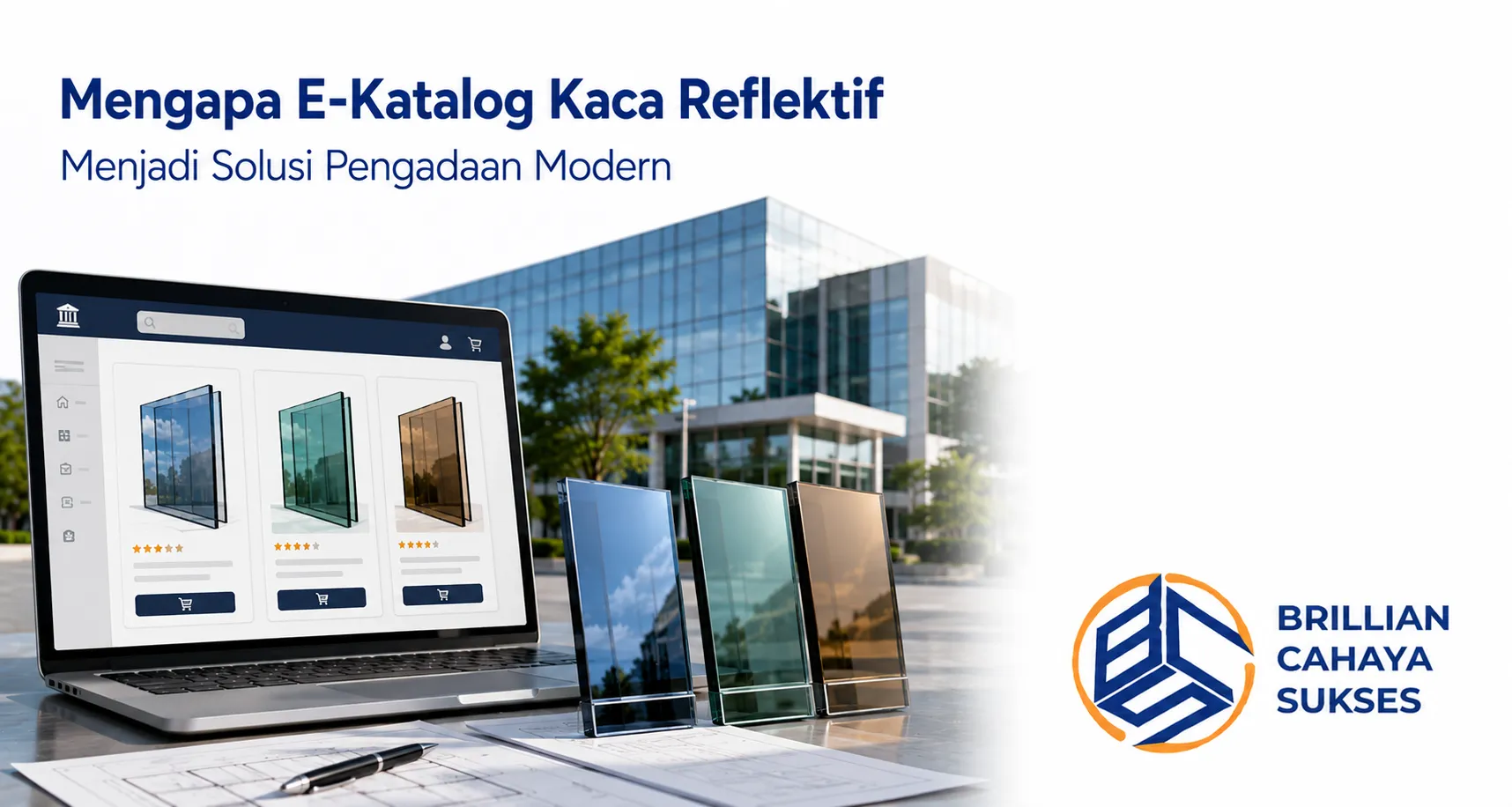 Tampilan E-Katalog Kaca Reflektif untuk pengadaan material bangunan pemerintah.