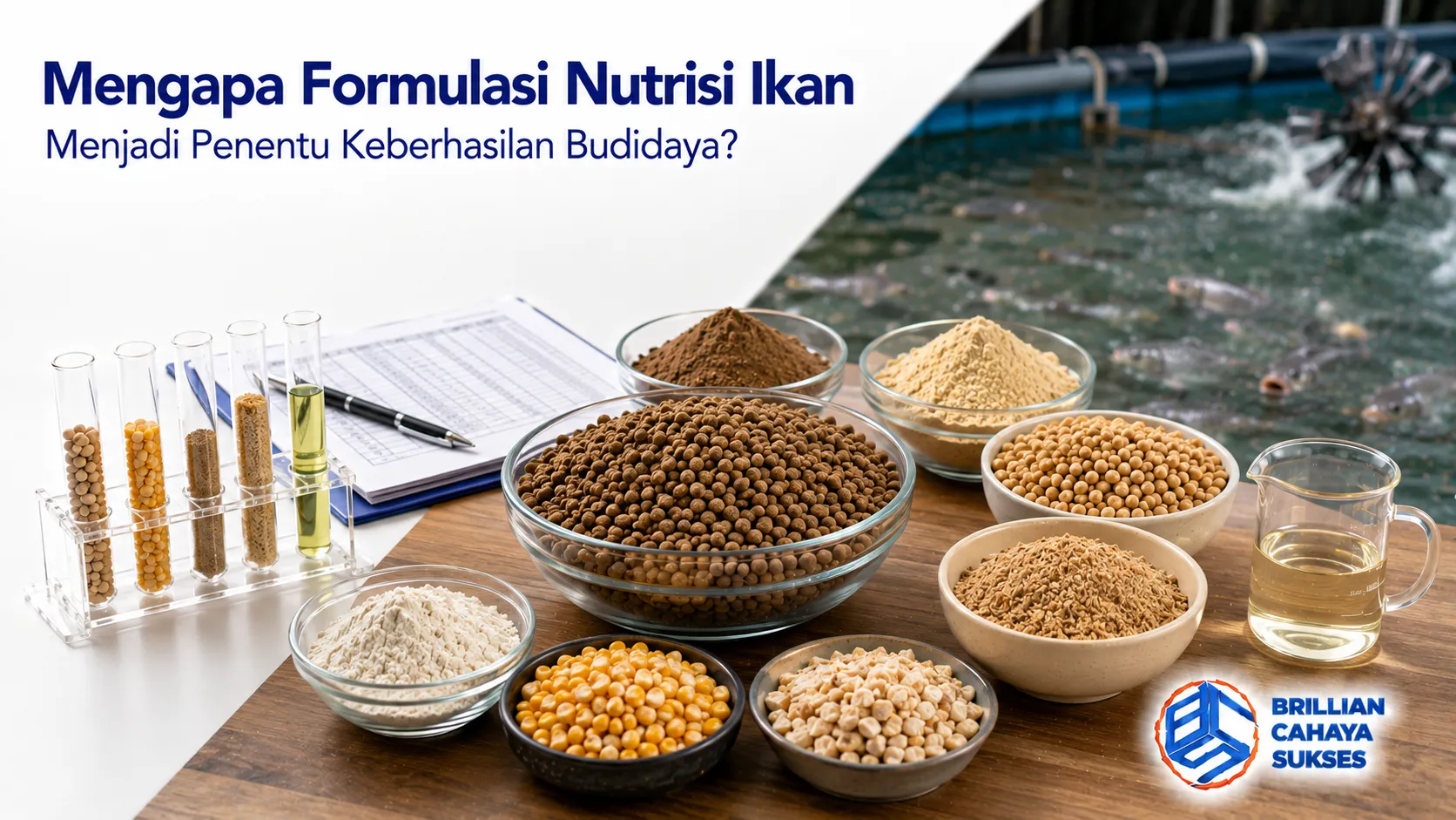 Berbagai bahan baku pakan ikan berkualitas sebagai ilustrasi pentingnya formulasi nutrisi untuk mendukung pertumbuhan dan produktivitas budidaya.