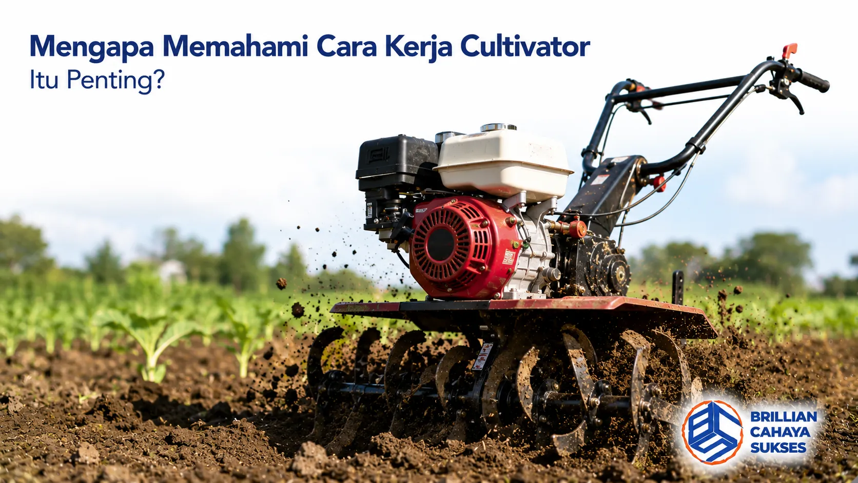Cultivator mengolah tanah di lahan pertanian sebagai ilustrasi cara kerja alat dalam menggemburkan tanah sebelum penanaman.