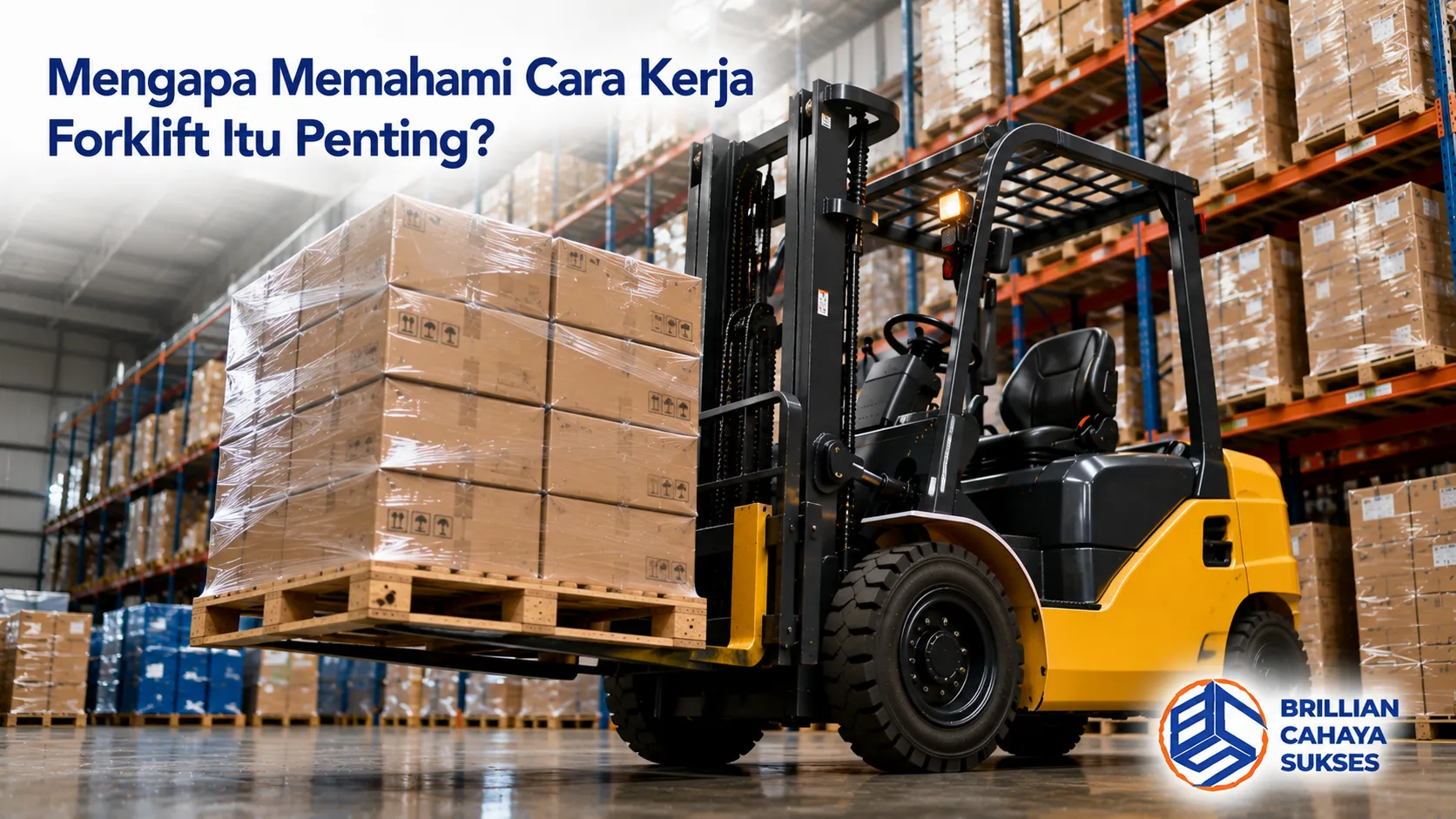 Forklift mengangkat palet barang di dalam gudang menggunakan sistem hidrolik untuk mendukung proses material handling yang aman dan efisien.
