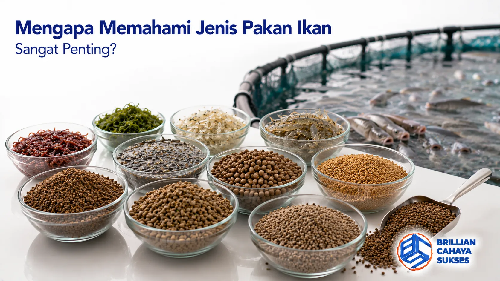 Berbagai jenis pakan ikan alami dan buatan sebagai sumber nutrisi untuk mendukung pertumbuhan ikan budidaya.