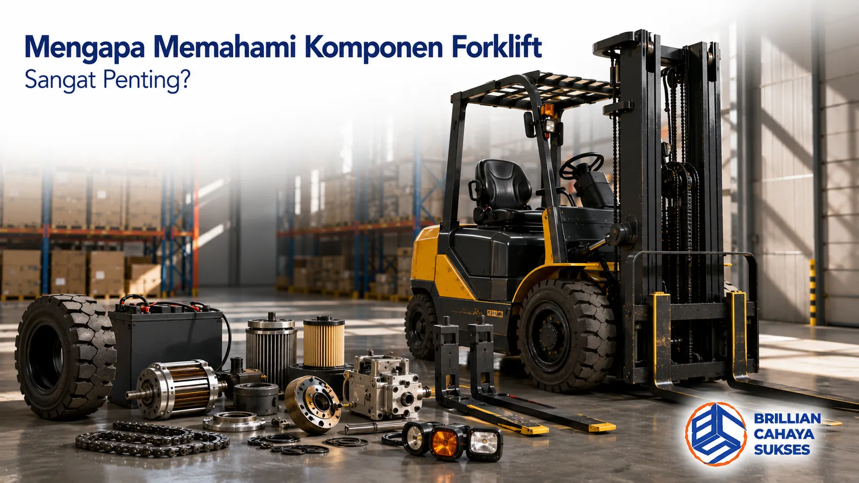 Forklift dan komponen utamanya ditampilkan di area gudang sebagai ilustrasi pentingnya memahami fungsi setiap komponen untuk mendukung operasional.