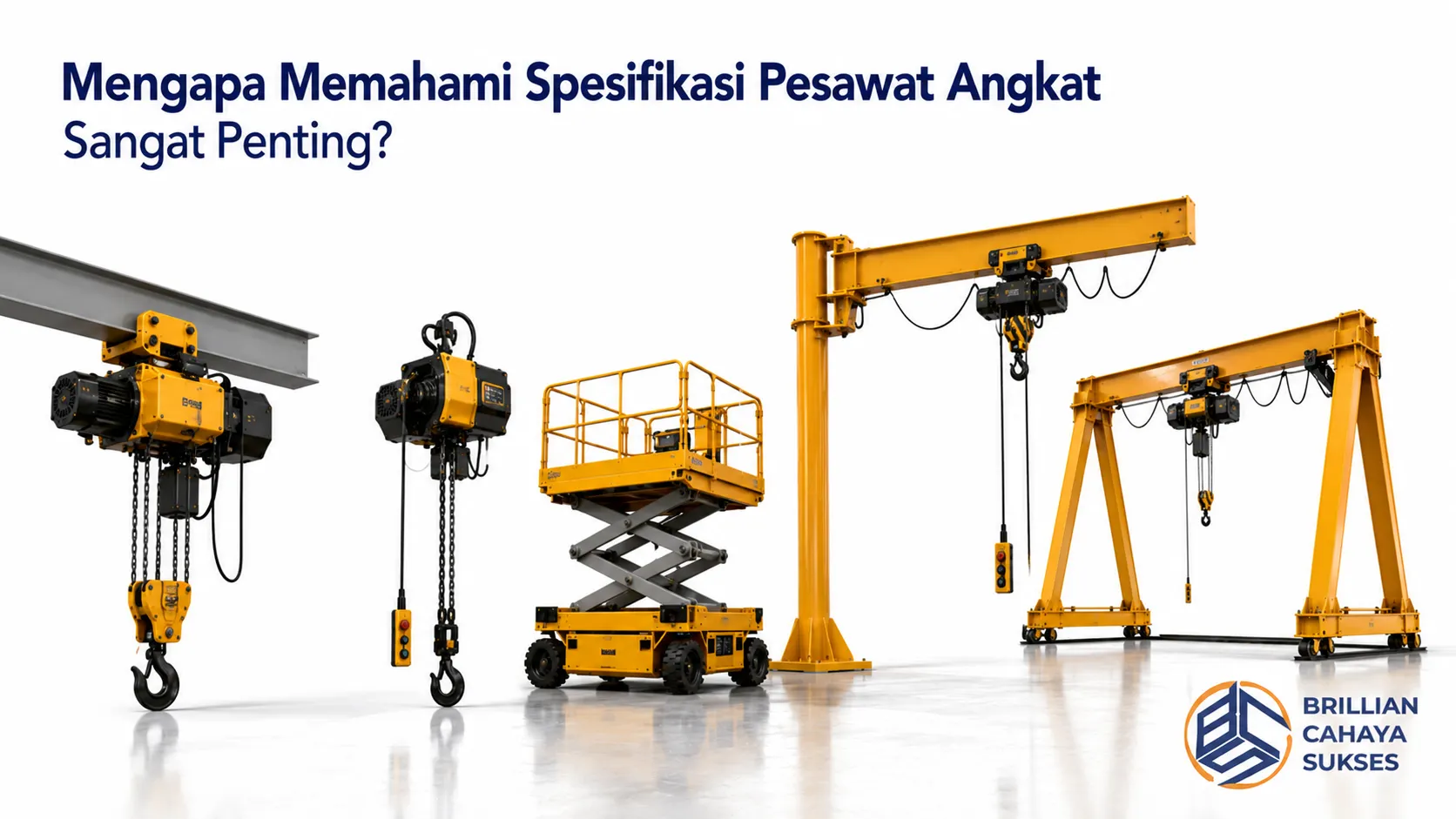 Berbagai jenis pesawat angkat industri dengan spesifikasi berbeda untuk mendukung pengangkatan material secara aman dan efisien.