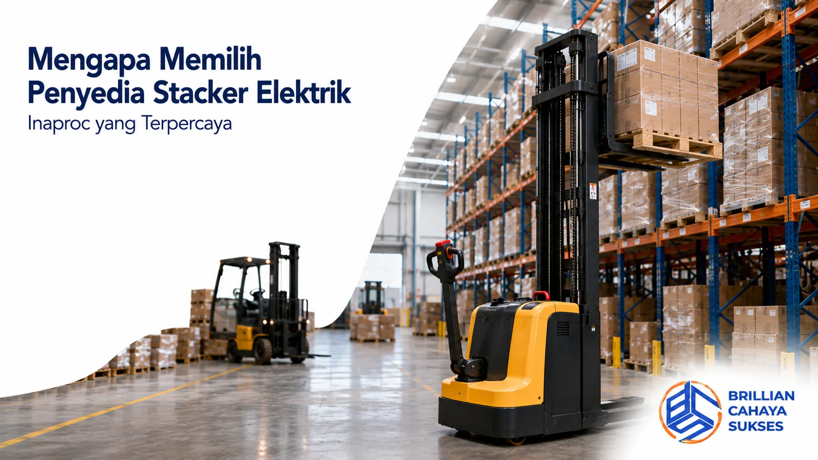 Stacker elektrik beroperasi di gudang modern sebagai solusi material handling untuk mendukung pengadaan yang efisien.